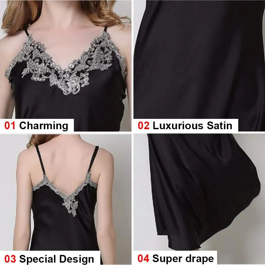 ASHER FASHION Satin Nightgowns for Women Long Silk Nightdress Vintage Lace Chemise Maxi Sleepwear