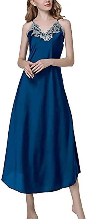 ASHER FASHION Satin Nightgowns for Women Long Silk Nightdress Vintage Lace Chemise Maxi Sleepwear