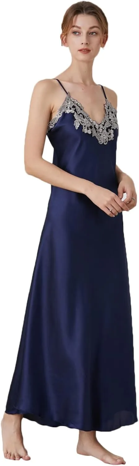 ASHER FASHION Satin Nightgowns for Women Long Silk Nightdress Vintage Lace Chemise Maxi Sleepwear