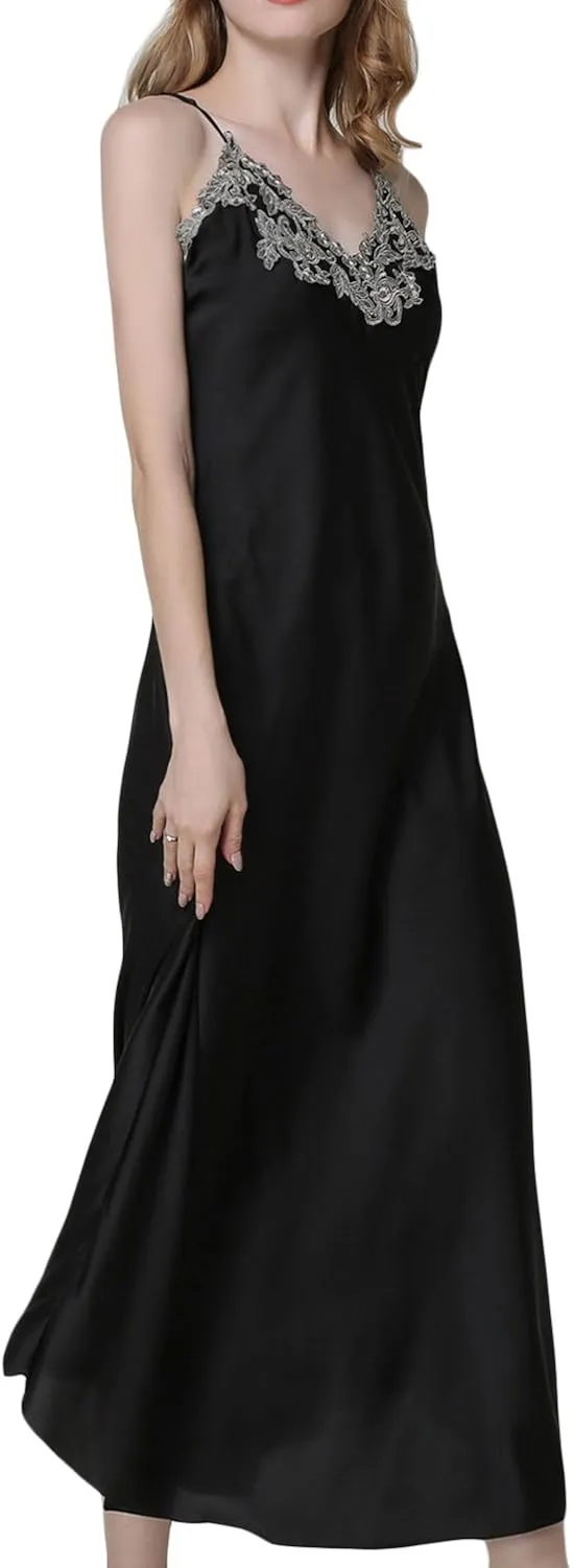 ASHER FASHION Satin Nightgowns for Women Long Silk Nightdress Vintage Lace Chemise Maxi Sleepwear