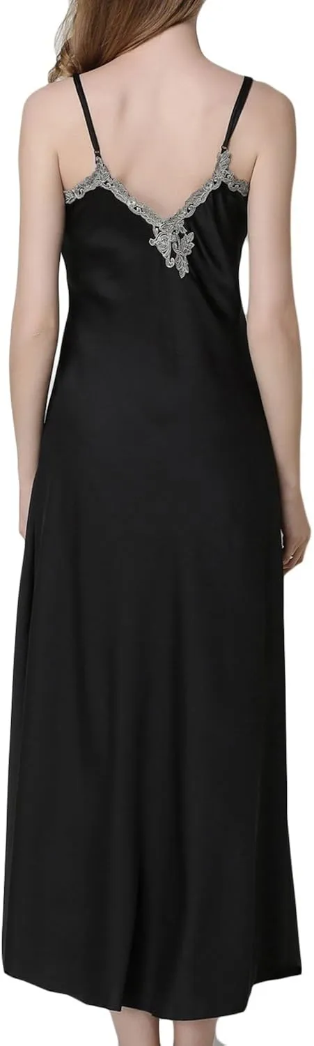 ASHER FASHION Satin Nightgowns for Women Long Silk Nightdress Vintage Lace Chemise Maxi Sleepwear