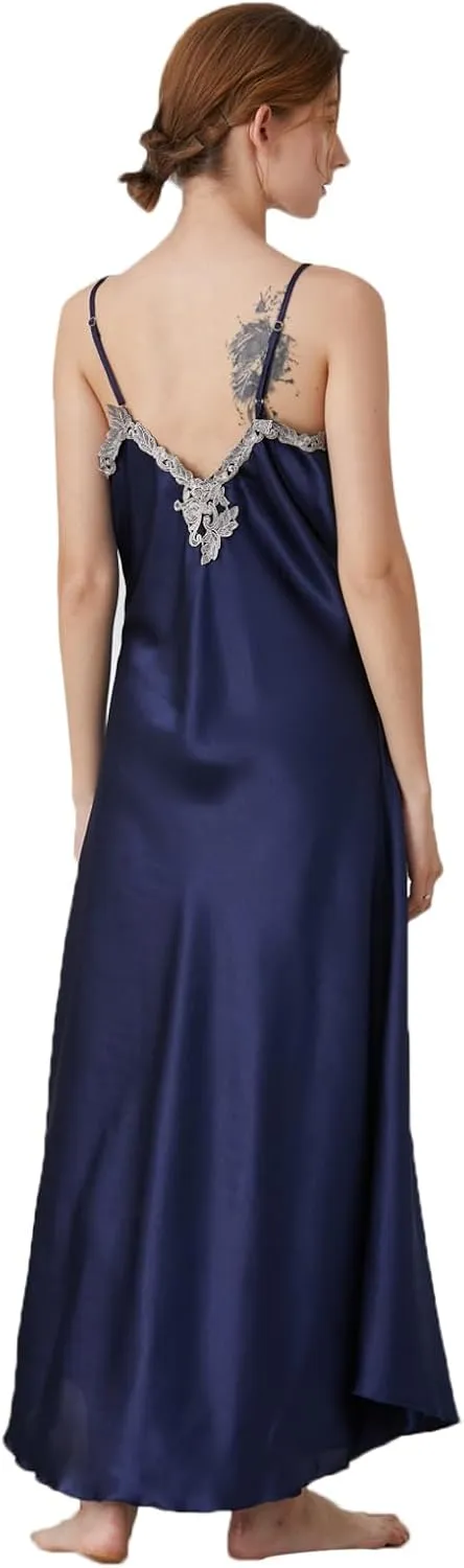 ASHER FASHION Satin Nightgowns for Women Long Silk Nightdress Vintage Lace Chemise Maxi Sleepwear