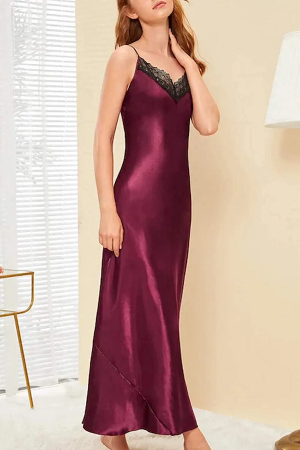 ASHER FASHION Satin Nightgowns for Women Long Silk Nightdress Vintage Lace Chemise Maxi Sleepwear
