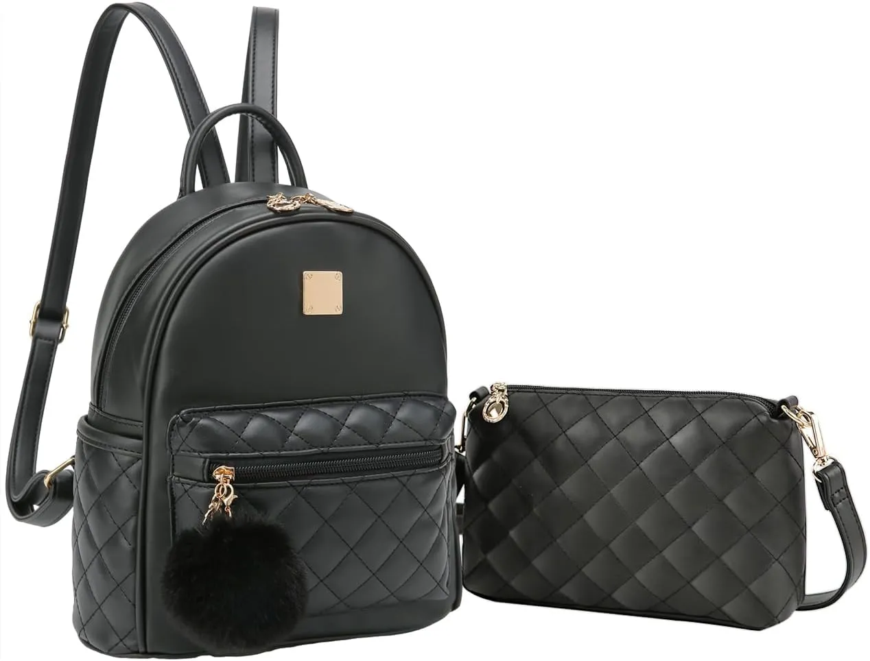 Barsine Girls Fashion Mini Backpack Purse 2 PCS Small Cute Plaid Leather Women Backpacks Little Shoulder Bag, Black