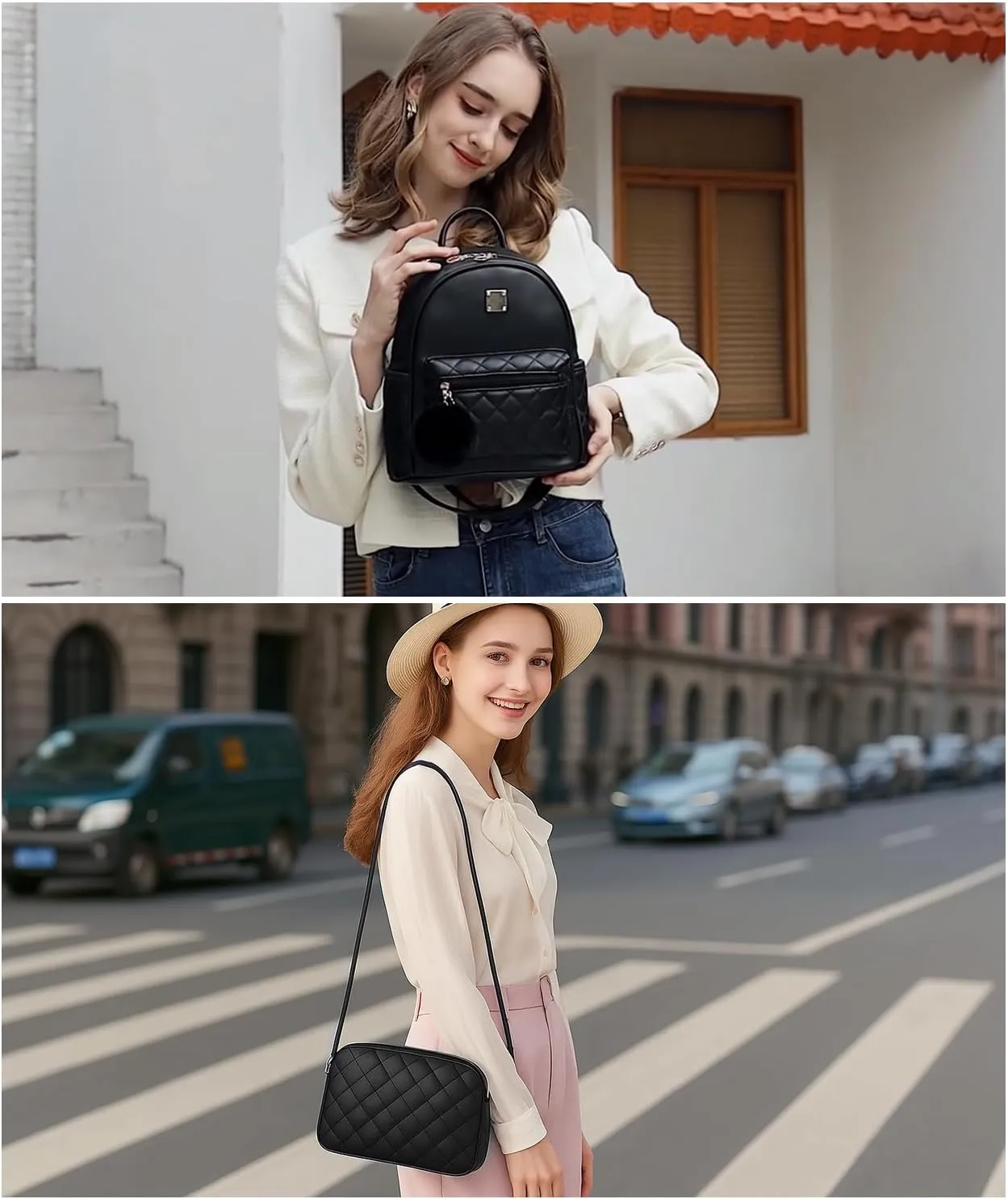Barsine Girls Fashion Mini Backpack Purse 2 PCS Small Cute Plaid Leather Women Backpacks Little Shoulder Bag, Black