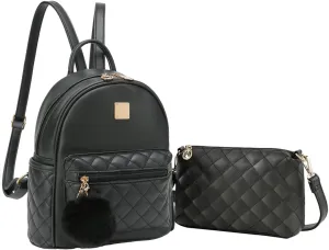 Barsine Girls Fashion Mini Backpack Purse 2 PCS Small Cute Plaid Leather Women Backpacks Little Shoulder Bag, Black