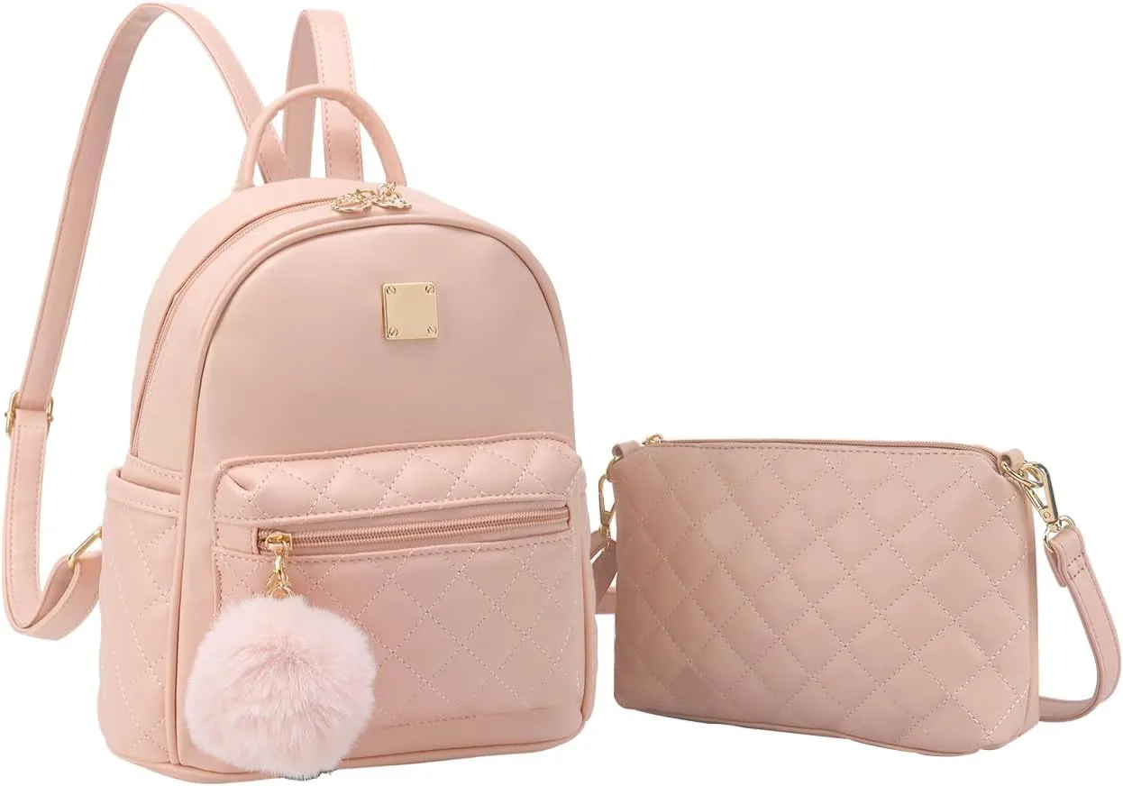 Barsine Girls Fashion Mini Backpack Purse 2 PCS Small Cute Plaid Leather Women Backpacks Little Shoulder Bag, Pink