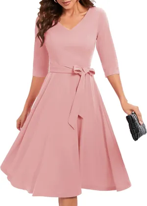Bbonlinedress Women Casual Vintage Tea Dress Cocktail Prom Midi Church Dresses, V-Neck 3/4 Sleeves Dress