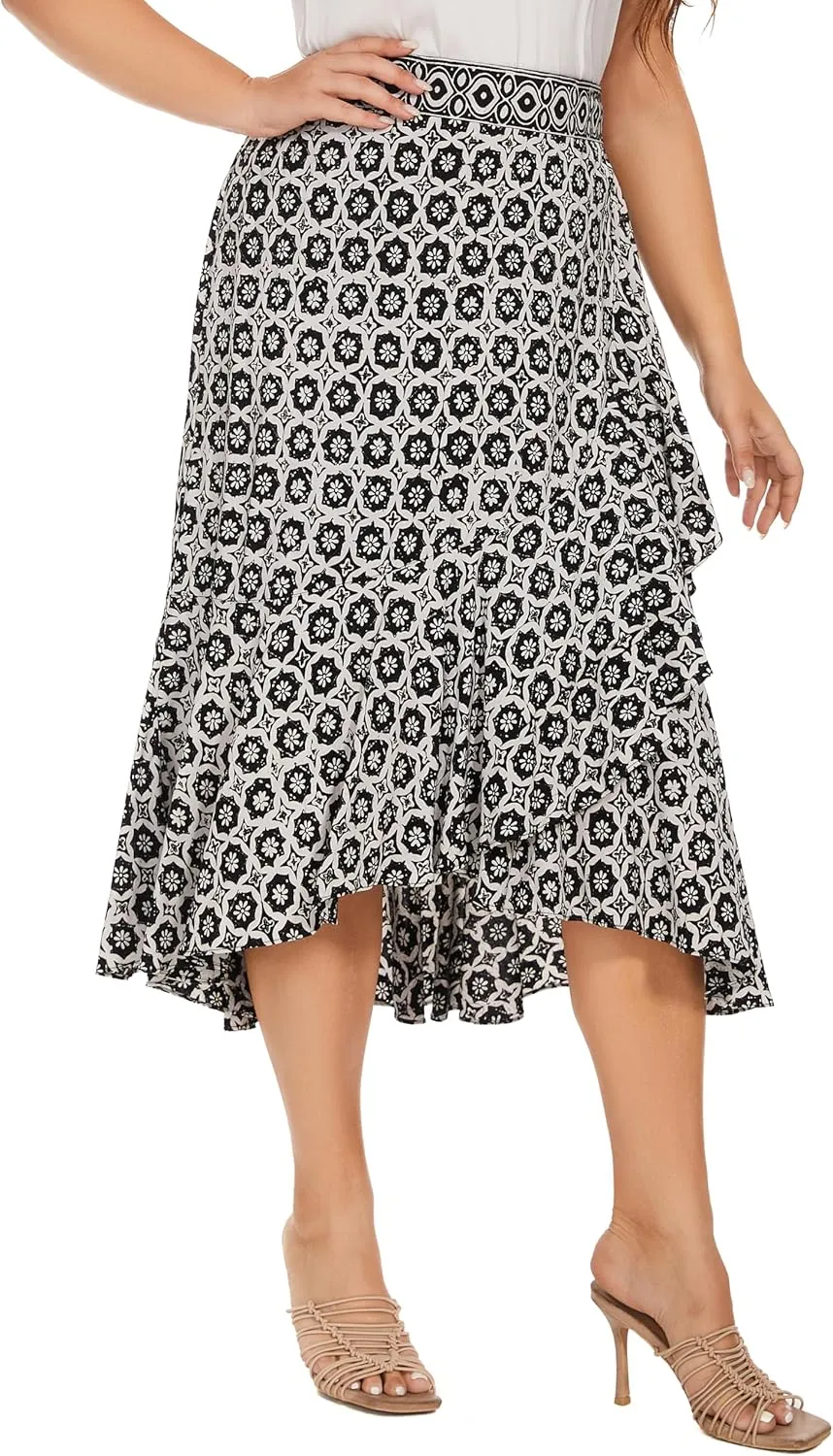 Beautybatik Women Hand Batik Floral Print Long Flowy Pleated Elastic High Low Ruffle Skirt XL 1X 2X