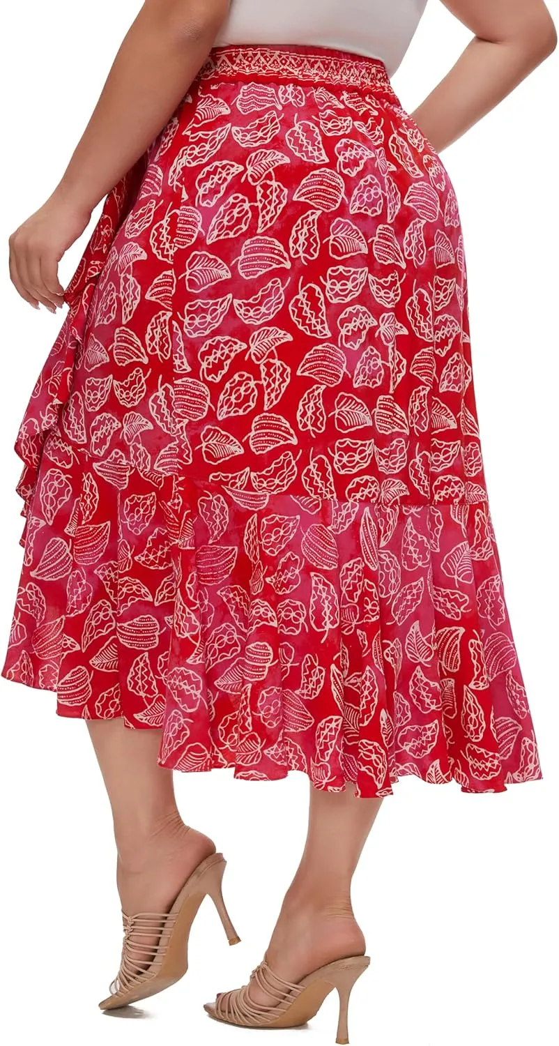 Beautybatik Women Hand Batik Floral Print Long Flowy Pleated Elastic High Low Ruffle Skirt XL 1X 2X