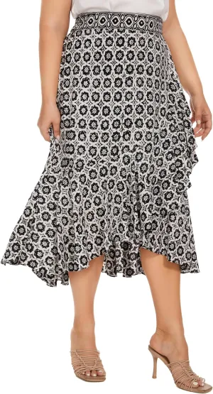 Beautybatik Women Hand Batik Floral Print Long Flowy Pleated Elastic High Low Ruffle Skirt XL 1X 2X