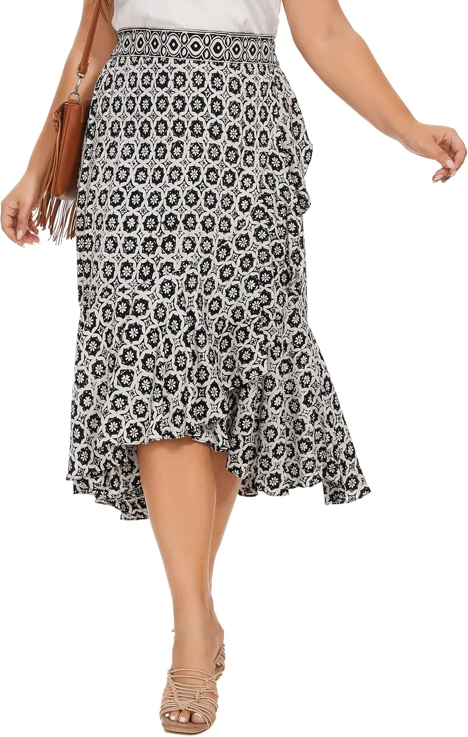 Beautybatik Women Hand Batik Floral Print Long Flowy Pleated Elastic High Low Ruffle Skirt XL 1X 2X