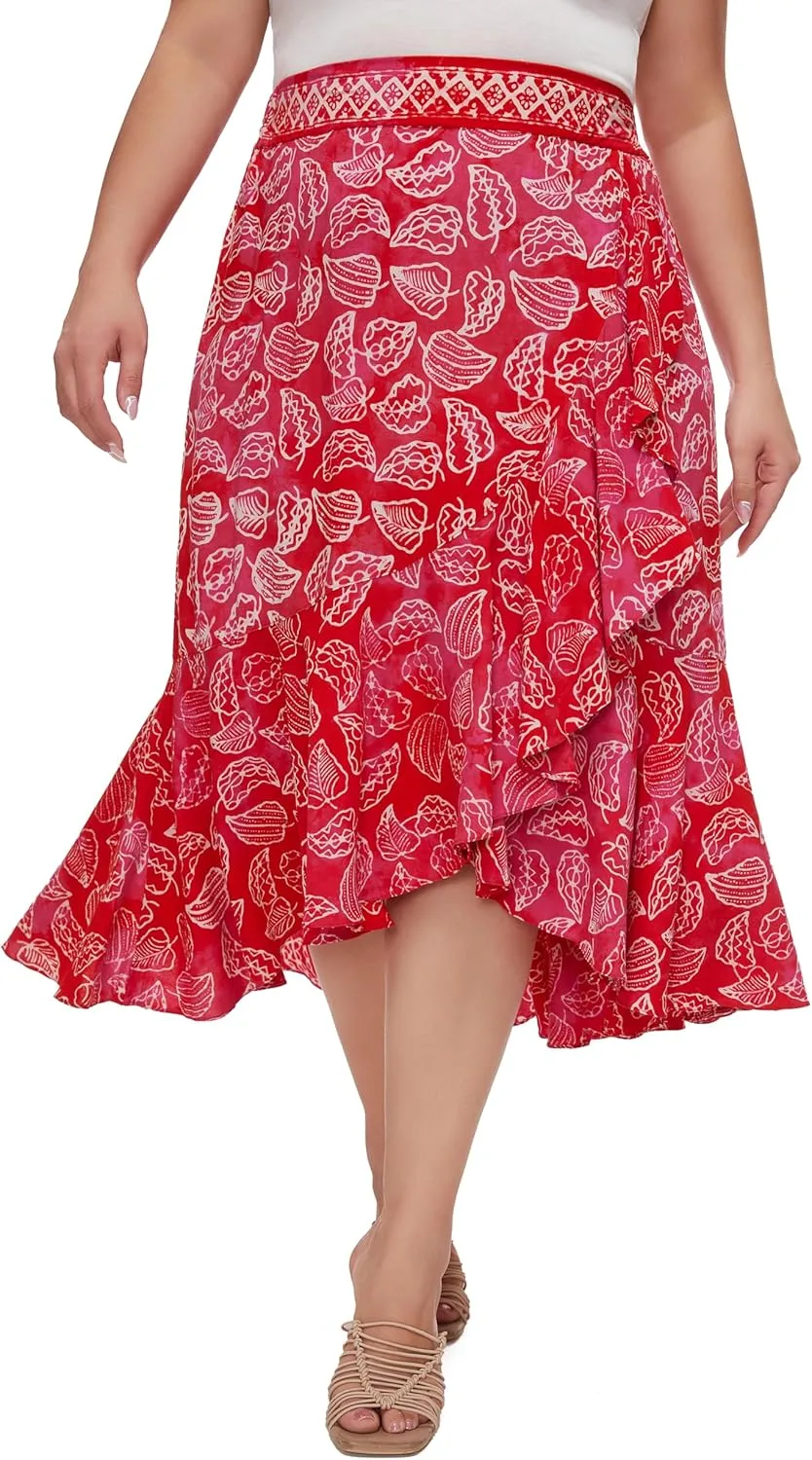 Beautybatik Women Hand Batik Floral Print Long Flowy Pleated Elastic High Low Ruffle Skirt XL 1X 2X