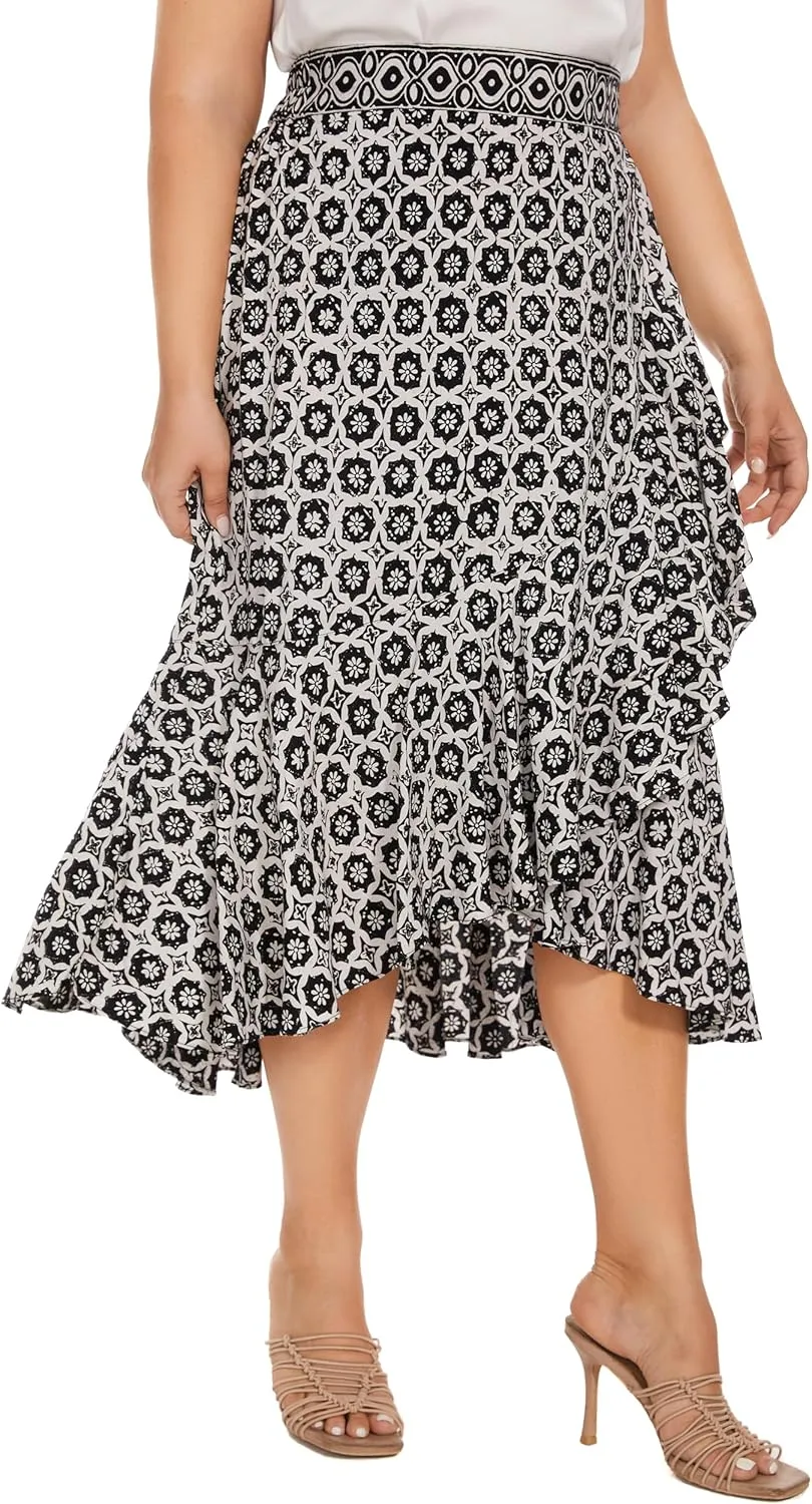 Beautybatik Women Hand Batik Floral Print Long Flowy Pleated Elastic High Low Ruffle Skirt XL 1X 2X