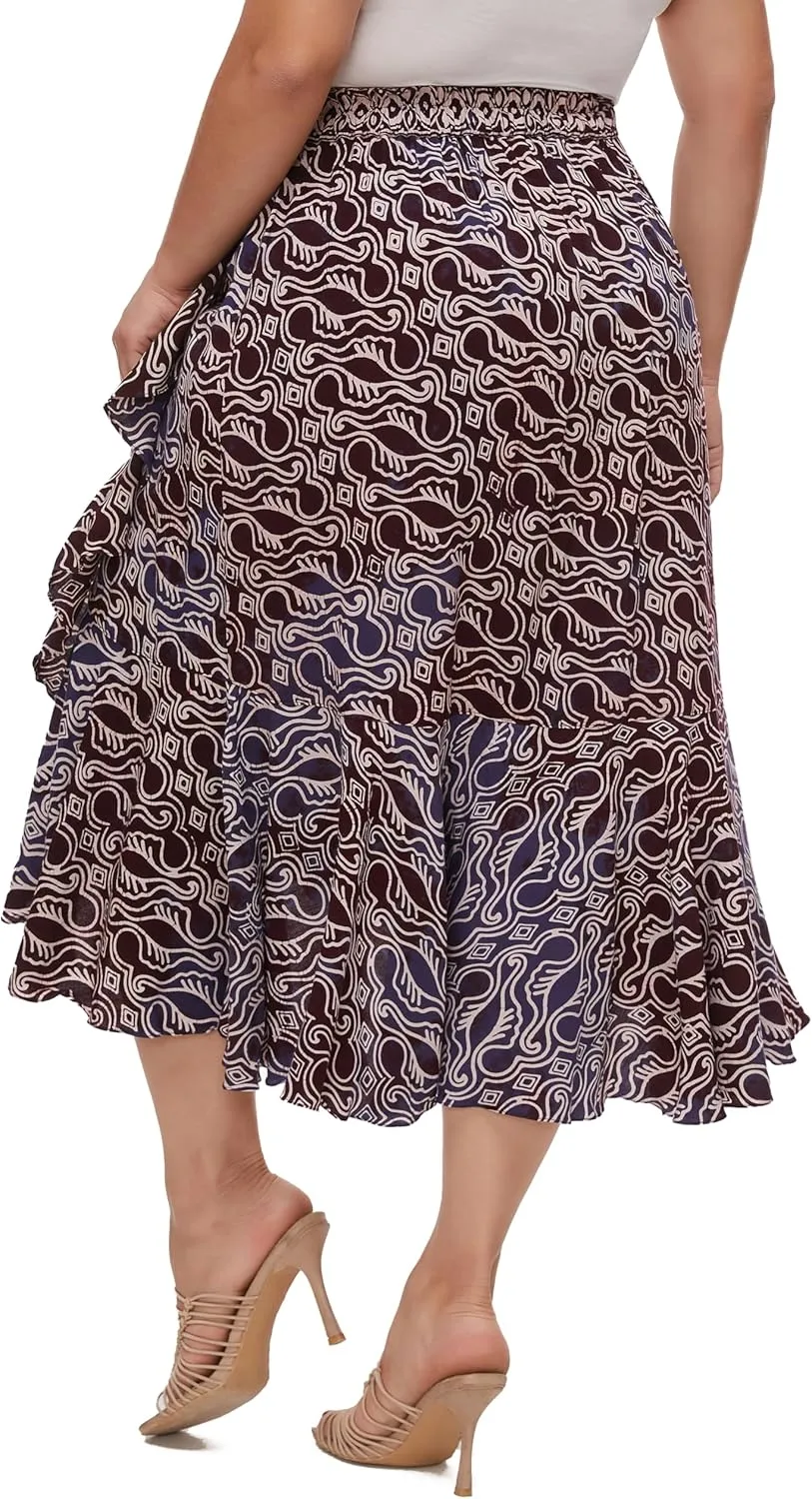 Beautybatik Women Hand Batik Floral Print Long Flowy Pleated Elastic High Low Ruffle Skirt XL 1X 2X