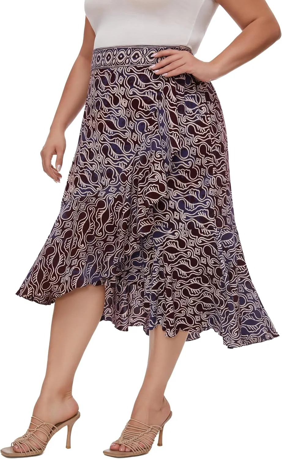 Beautybatik Women Hand Batik Floral Print Long Flowy Pleated Elastic High Low Ruffle Skirt XL 1X 2X