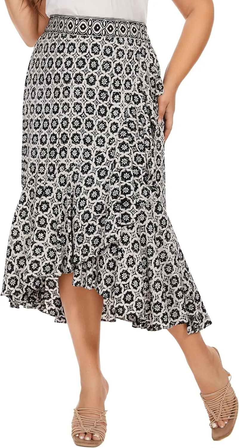 Beautybatik Women Hand Batik Floral Print Long Flowy Pleated Elastic High Low Ruffle Skirt XL 1X 2X