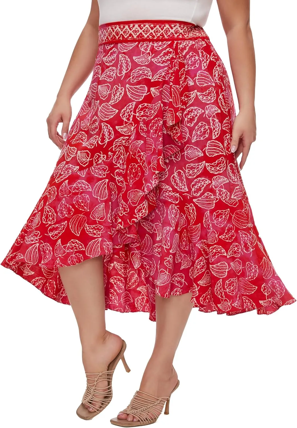 Beautybatik Women Hand Batik Floral Print Long Flowy Pleated Elastic High Low Ruffle Skirt XL 1X 2X