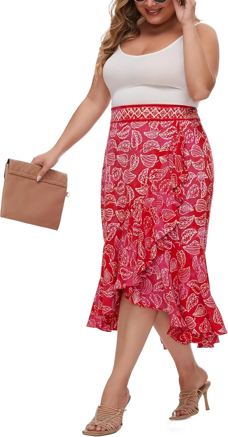 Beautybatik Women Hand Batik Floral Print Long Flowy Pleated Elastic High Low Ruffle Skirt XL 1X 2X
