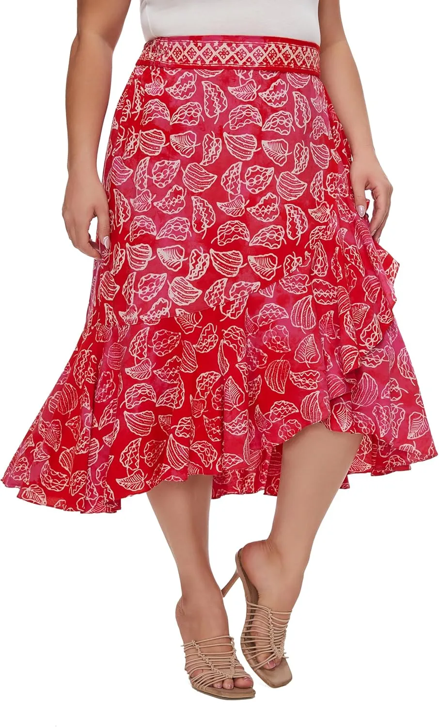Beautybatik Women Hand Batik Floral Print Long Flowy Pleated Elastic High Low Ruffle Skirt XL 1X 2X