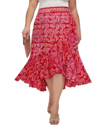 Beautybatik Women Hand Batik Floral Print Long Flowy Pleated Elastic High Low Ruffle Skirt XL 1X 2X