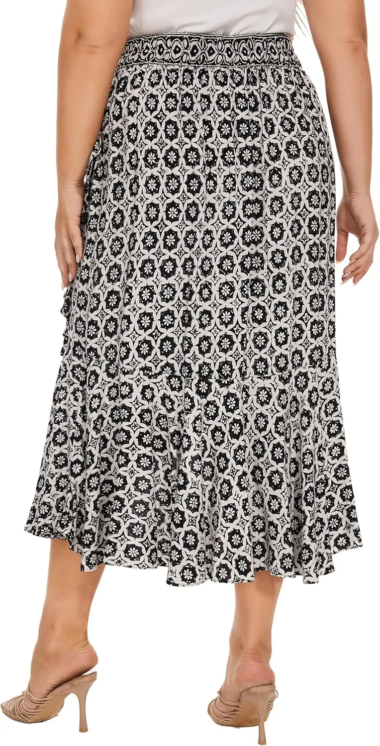 Beautybatik Women Hand Batik Floral Print Long Flowy Pleated Elastic High Low Ruffle Skirt XL 1X 2X