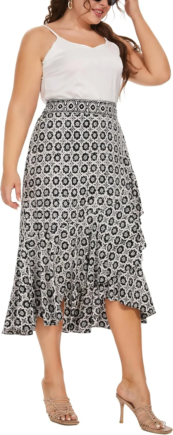Beautybatik Women Hand Batik Floral Print Long Flowy Pleated Elastic High Low Ruffle Skirt XL 1X 2X
