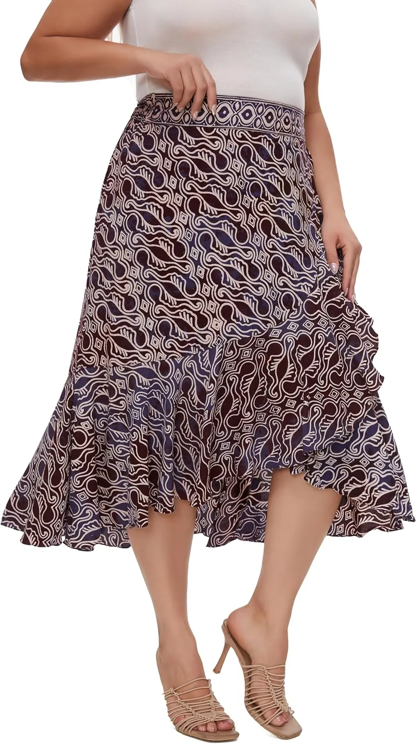 Beautybatik Women Hand Batik Floral Print Long Flowy Pleated Elastic High Low Ruffle Skirt XL 1X 2X