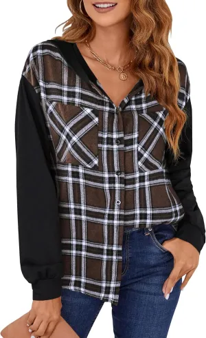 Blooming Jelly Womens Plaid hooded Flannel Shirts Long Sleeve Hoodies Shacket Button Down Oversized Color Block Fall Tops