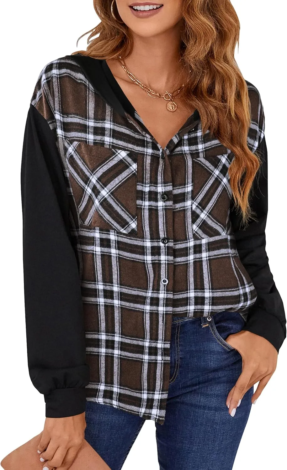 Blooming Jelly Womens Plaid hooded Flannel Shirts Long Sleeve Hoodies Shacket Button Down Oversized Color Block Fall Tops