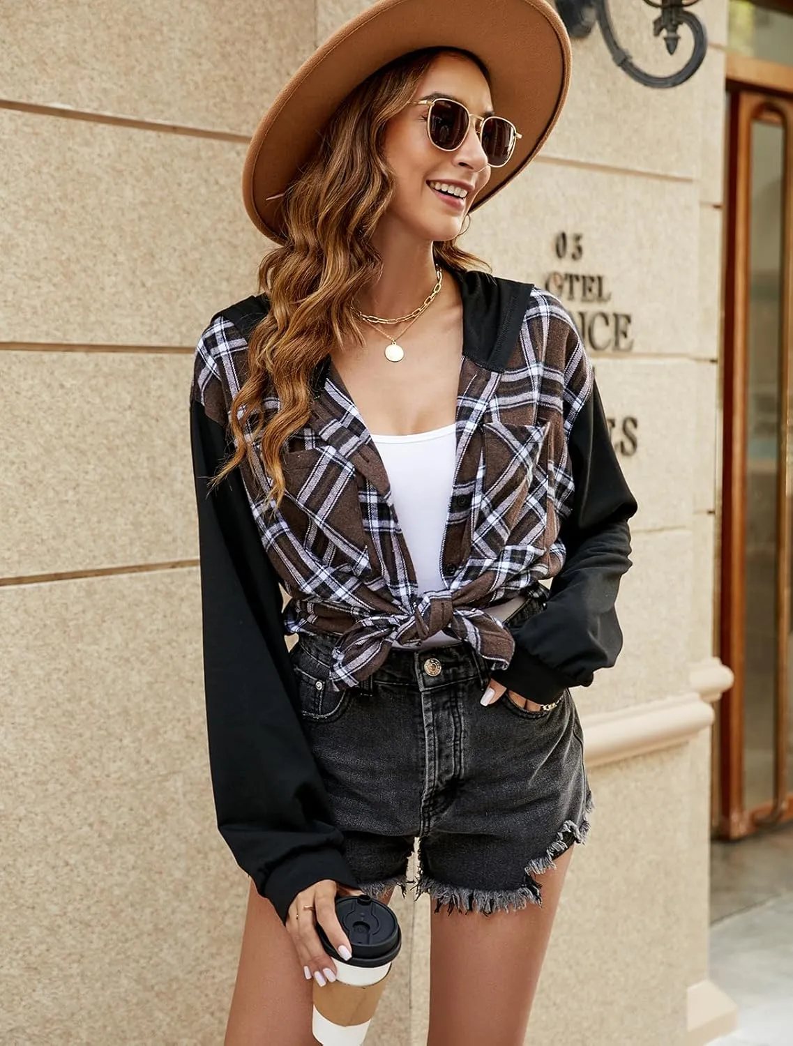 Blooming Jelly Womens Plaid hooded Flannel Shirts Long Sleeve Hoodies Shacket Button Down Oversized Color Block Fall Tops