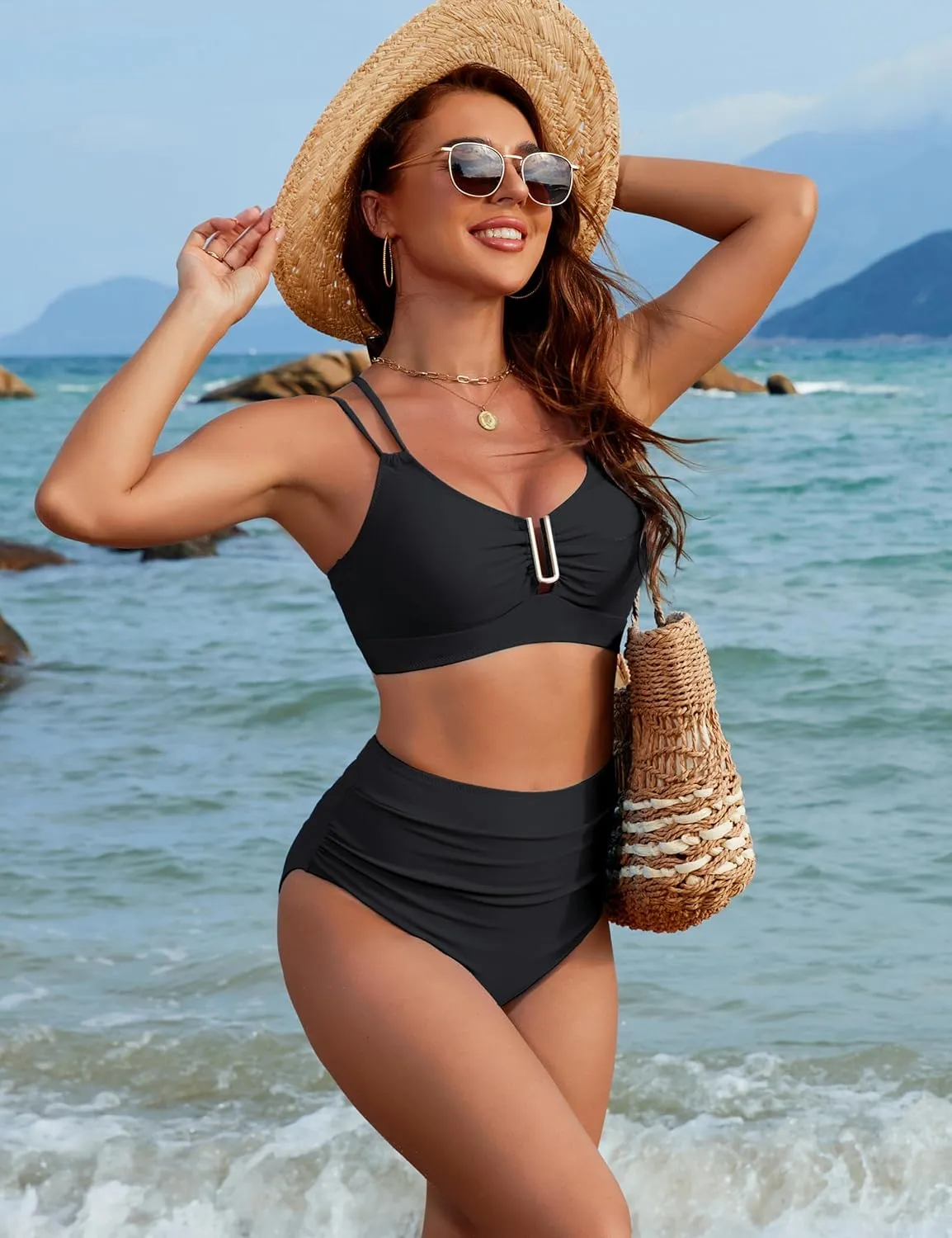 BMJL Womens High Waisted Bikini Sets Modest Tummy Control Swimsuits Cutout Crisscross Ruched Two Piece Bathing Suit