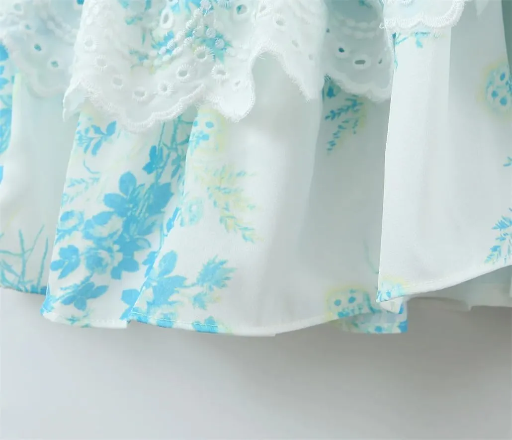 Bohemian Floral Embroidered Mini Dress with Ruffles and Lace-Up Back for Women