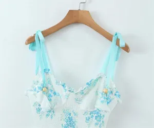 Bohemian Floral Embroidered Mini Dress with Ruffles and Lace-Up Back for Women