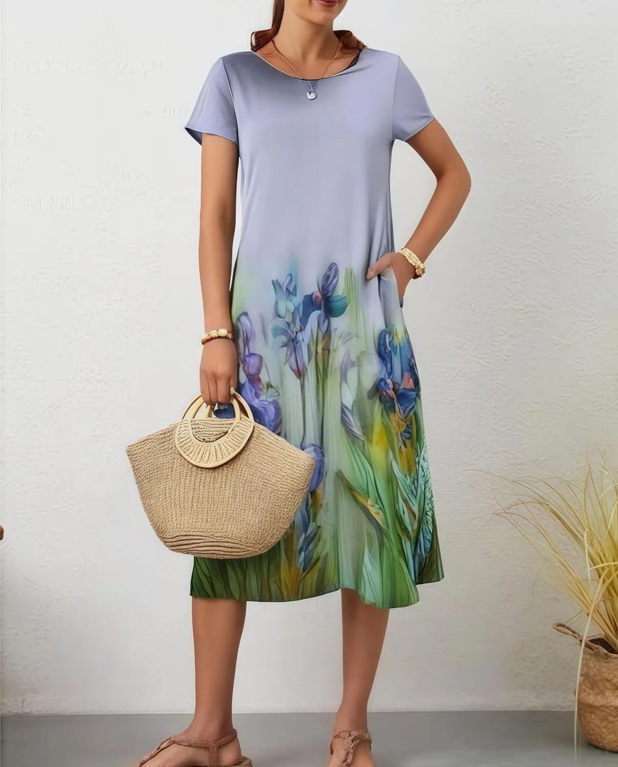 Boho Floral Midi Dress for Women Casual Summer Short Sleeve Tshirt Dress Vacation Crew Neck Dresses with Pockets