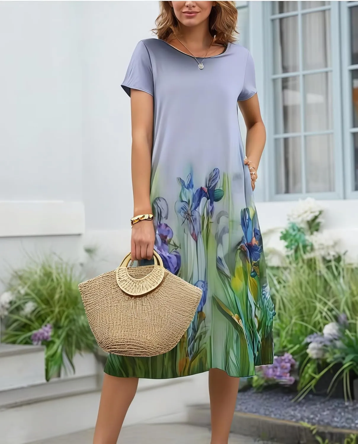 Boho Floral Midi Dress for Women Casual Summer Short Sleeve Tshirt Dress Vacation Crew Neck Dresses with Pockets