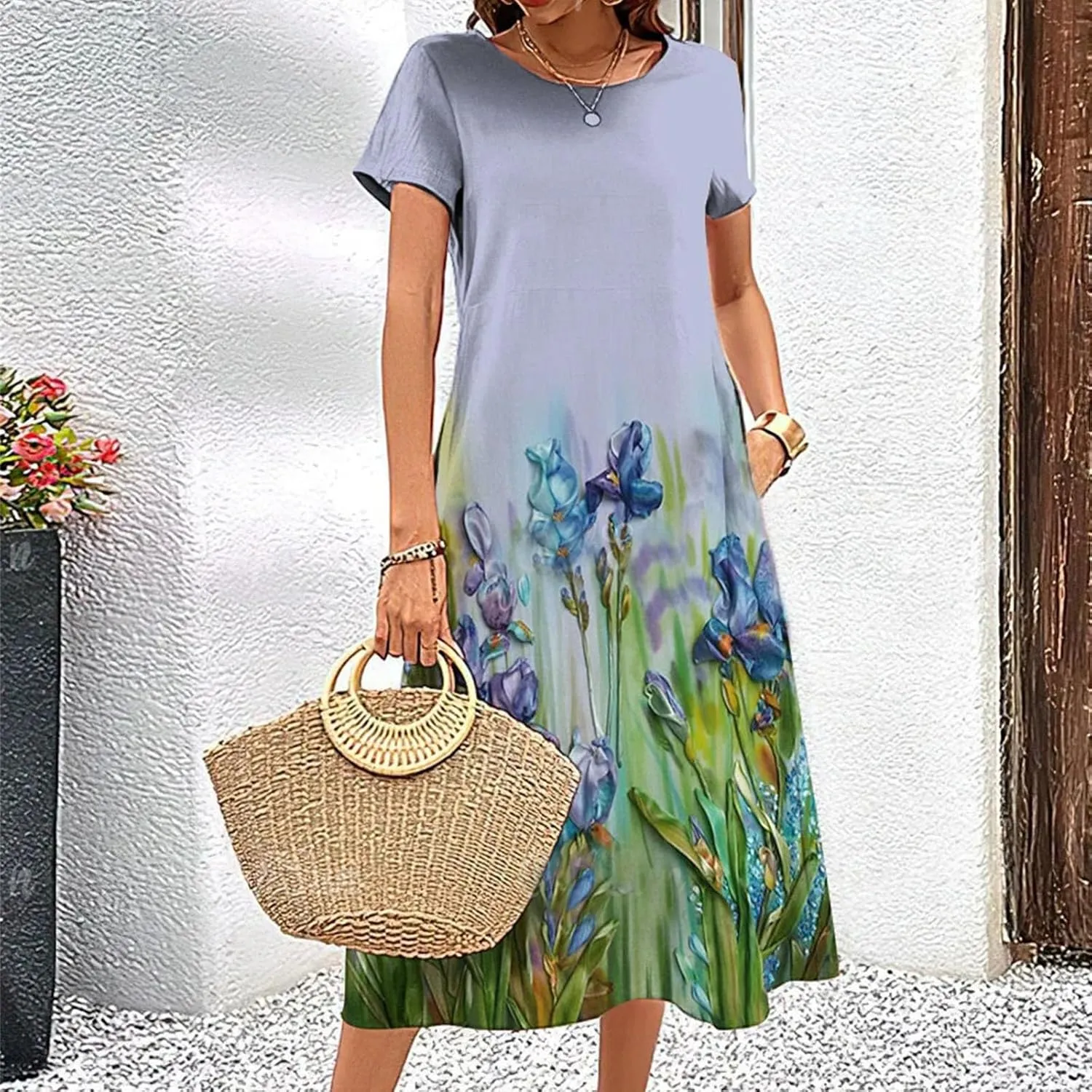 Boho Floral Midi Dress for Women Casual Summer Short Sleeve Tshirt Dress Vacation Crew Neck Dresses with Pockets