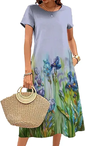 Boho Floral Midi Dress for Women Casual Summer Short Sleeve Tshirt Dress Vacation Crew Neck Dresses with Pockets