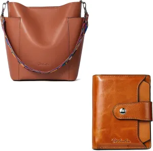 BOSTANTEN Leather Bucket Handbag Designer Hobo Shoulder Handbags Set with Clutch Purses Bundle with Women Leather Wallet RFID Blocking Small Bifold Wallet with ID Window