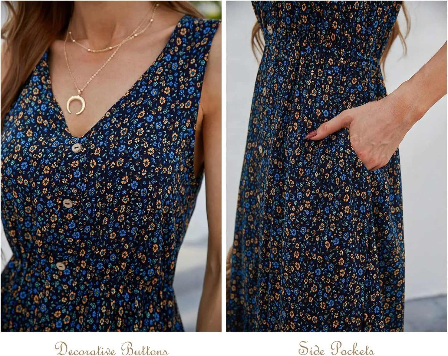 BROVAVE Women Summer Bohemian Floral Print V Neck Sleeveless Sundress Flowy Casual Midi Dress