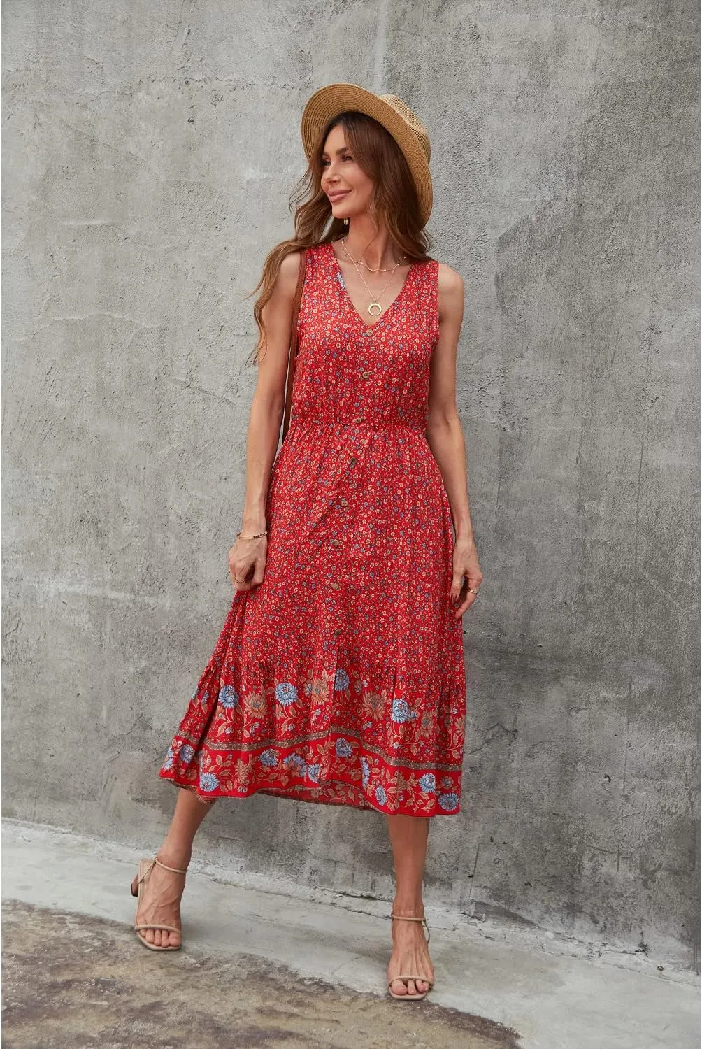 BROVAVE Women Summer Bohemian Floral Print V Neck Sleeveless Sundress Flowy Casual Midi Dress