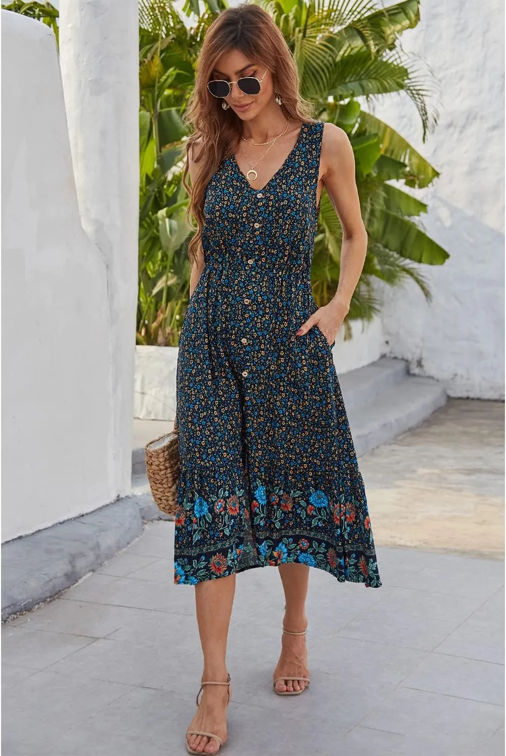 BROVAVE Women Summer Bohemian Floral Print V Neck Sleeveless Sundress Flowy Casual Midi Dress