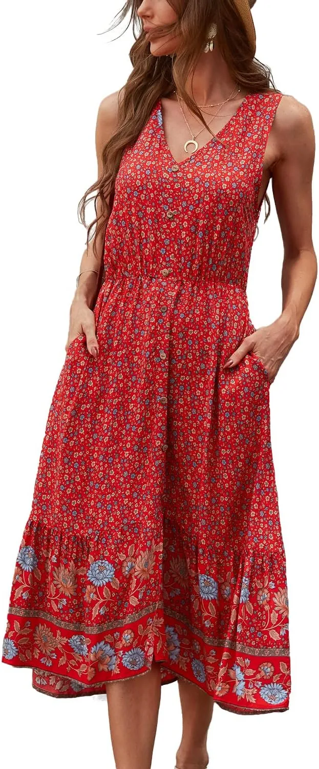 BROVAVE Women Summer Bohemian Floral Print V Neck Sleeveless Sundress Flowy Casual Midi Dress
