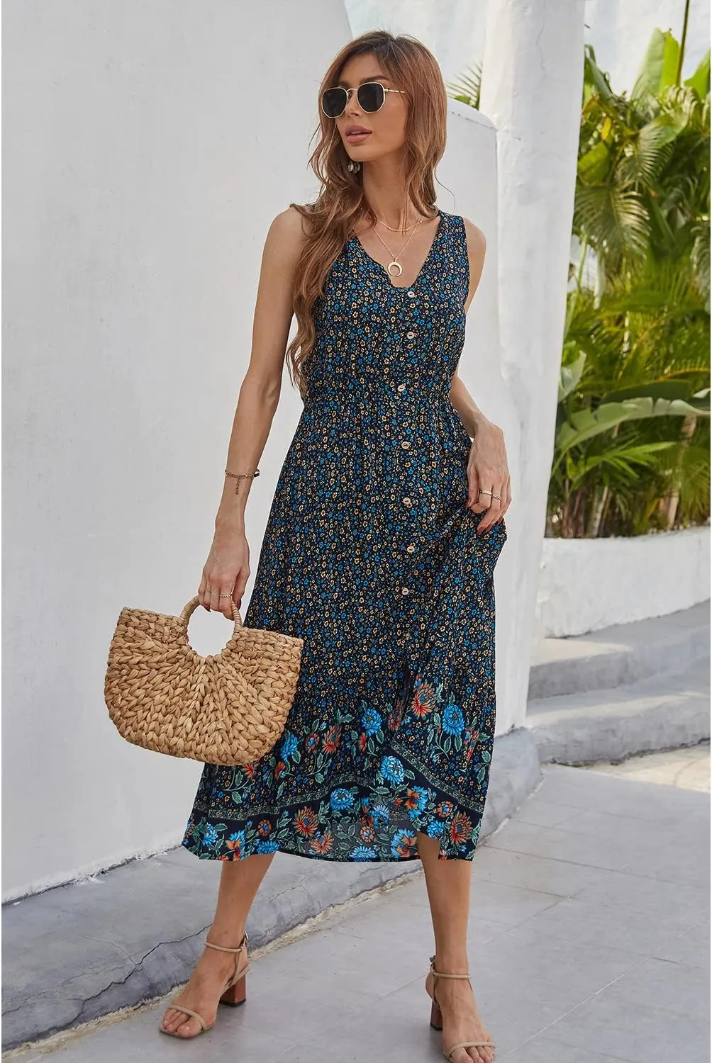 BROVAVE Women Summer Bohemian Floral Print V Neck Sleeveless Sundress Flowy Casual Midi Dress