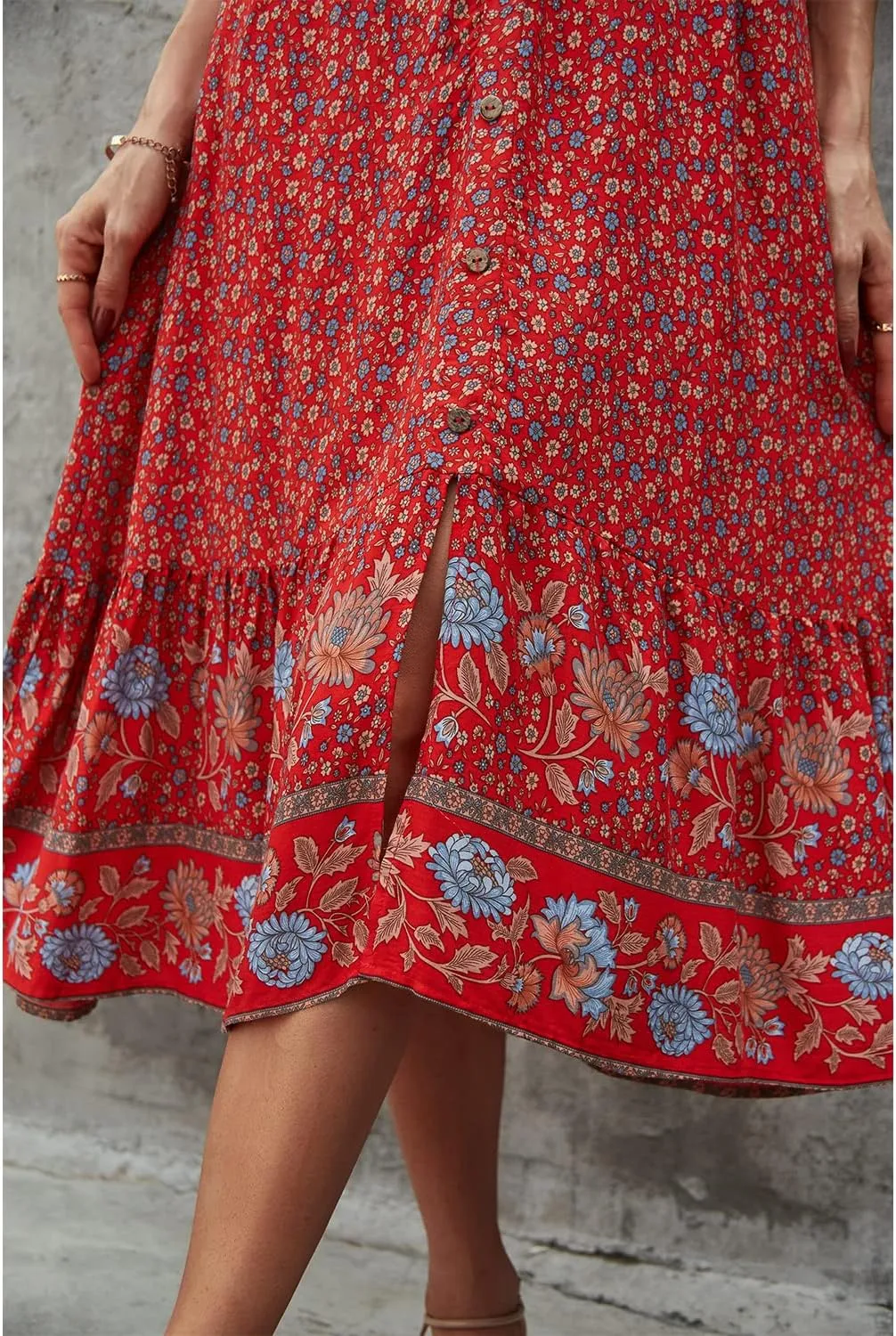 BROVAVE Women Summer Bohemian Floral Print V Neck Sleeveless Sundress Flowy Casual Midi Dress