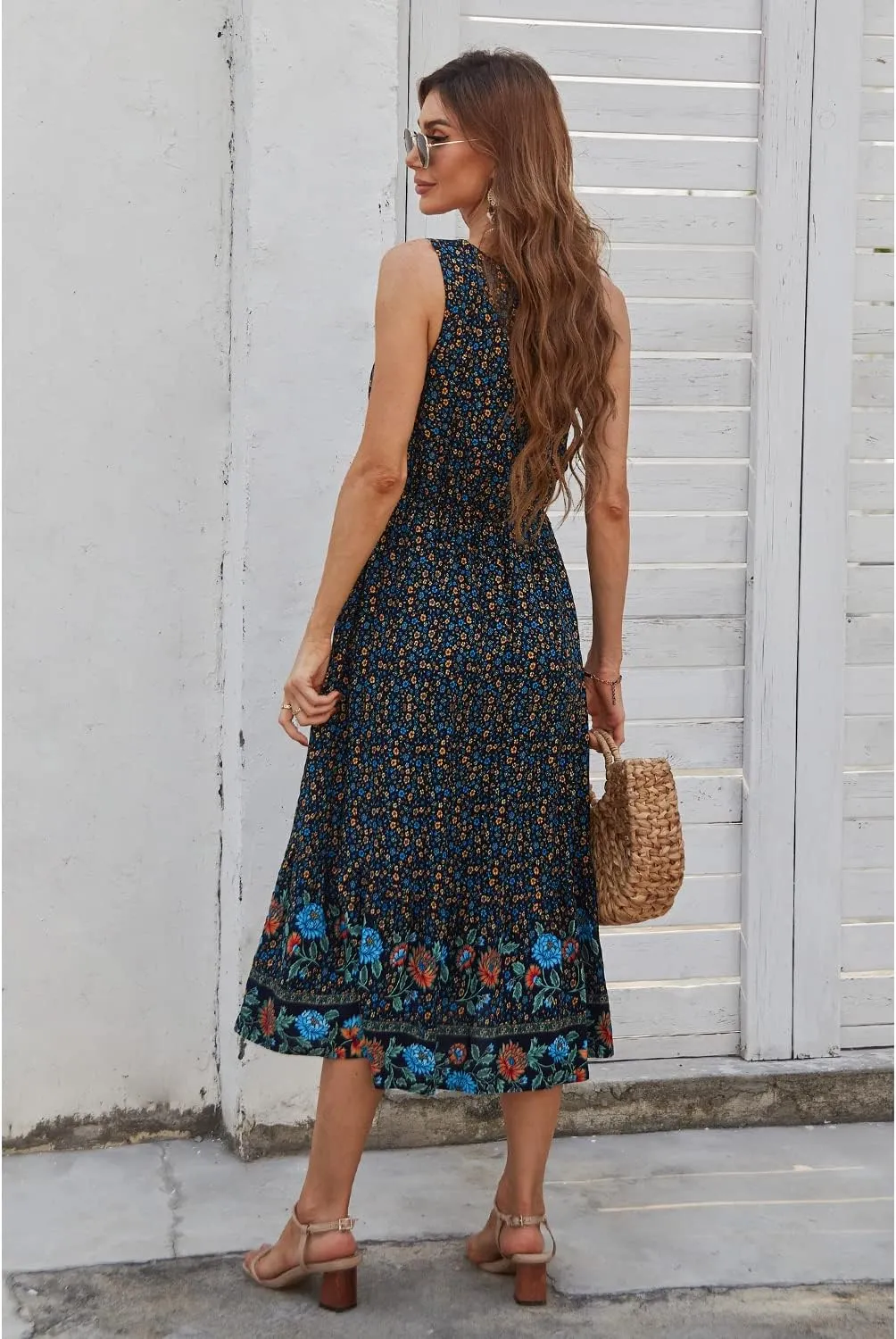 BROVAVE Women Summer Bohemian Floral Print V Neck Sleeveless Sundress Flowy Casual Midi Dress