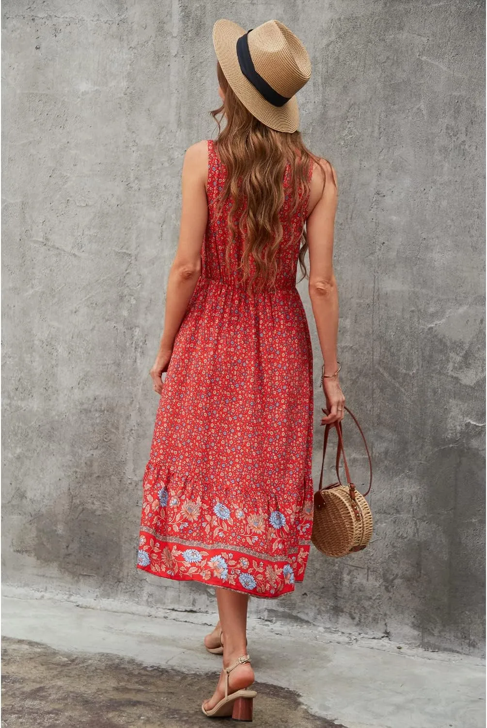 BROVAVE Women Summer Bohemian Floral Print V Neck Sleeveless Sundress Flowy Casual Midi Dress