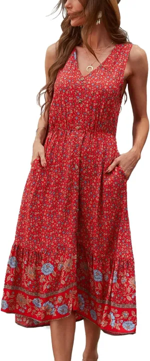 BROVAVE Women Summer Bohemian Floral Print V Neck Sleeveless Sundress Flowy Casual Midi Dress