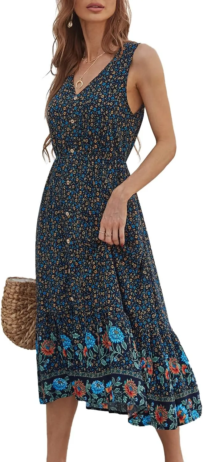 BROVAVE Women Summer Bohemian Floral Print V Neck Sleeveless Sundress Flowy Casual Midi Dress