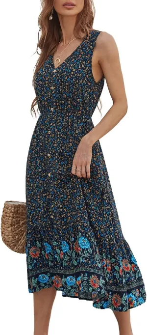 BROVAVE Women Summer Bohemian Floral Print V Neck Sleeveless Sundress Flowy Casual Midi Dress